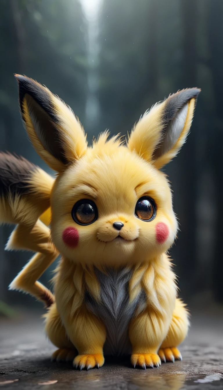 zhibi, furry pokemon, Realistic Pikachu|神奇宝贝风格的小猫monster, "monster", cute的, Colored yellow fur, 巨大的cute美丽的细致赤壁眼睛, cute, eye contact, 8K, Human Development Report, Raw, Surrealism, Extremely detailed, Clear focus , black background, , Fine fur