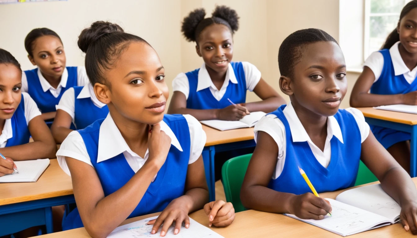 6 years african student many girls with boy working in group in classroom