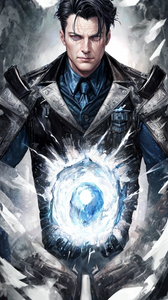 Jack Harkness male supervillain, black hair, blue eyes, smirk, white skin, sexy, (best quality,4k,8k,highres,masterpiece:1.2),ultra-detailed,(realistic,photorealistic,photo-realistic:1.37),superhero,evil,villainous,intense gaze,detailed facial features,dramatic lighting,dark and moody atmosphere,chiaroscuro,cinematic,portrait
