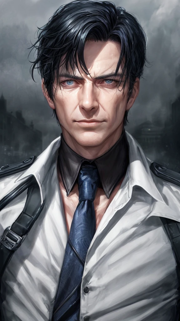 Jack Harkness male supervillain, black hair, blue eyes, smirk, white skin, sexy, (best quality,4k,8k,highres,masterpiece:1.2),ultra-detailed,(realistic,photorealistic,photo-realistic:1.37),superhero,evil,villainous,intense gaze,detailed facial features,dramatic lighting,dark and moody atmosphere,chiaroscuro,cinematic,portrait