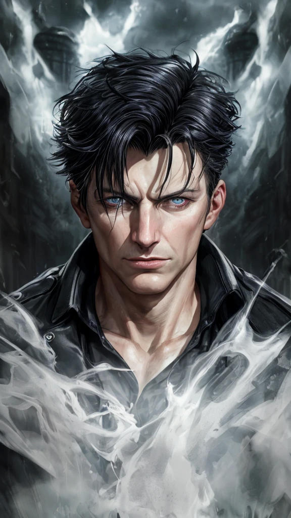Jack Harkness male supervillain, black hair, blue eyes, smirk, white skin, sexy, (best quality,4k,8k,highres,masterpiece:1.2),ultra-detailed,(realistic,photorealistic,photo-realistic:1.37),superhero,evil,villainous,intense gaze,detailed facial features,dramatic lighting,dark and moody atmosphere,chiaroscuro,cinematic,portrait