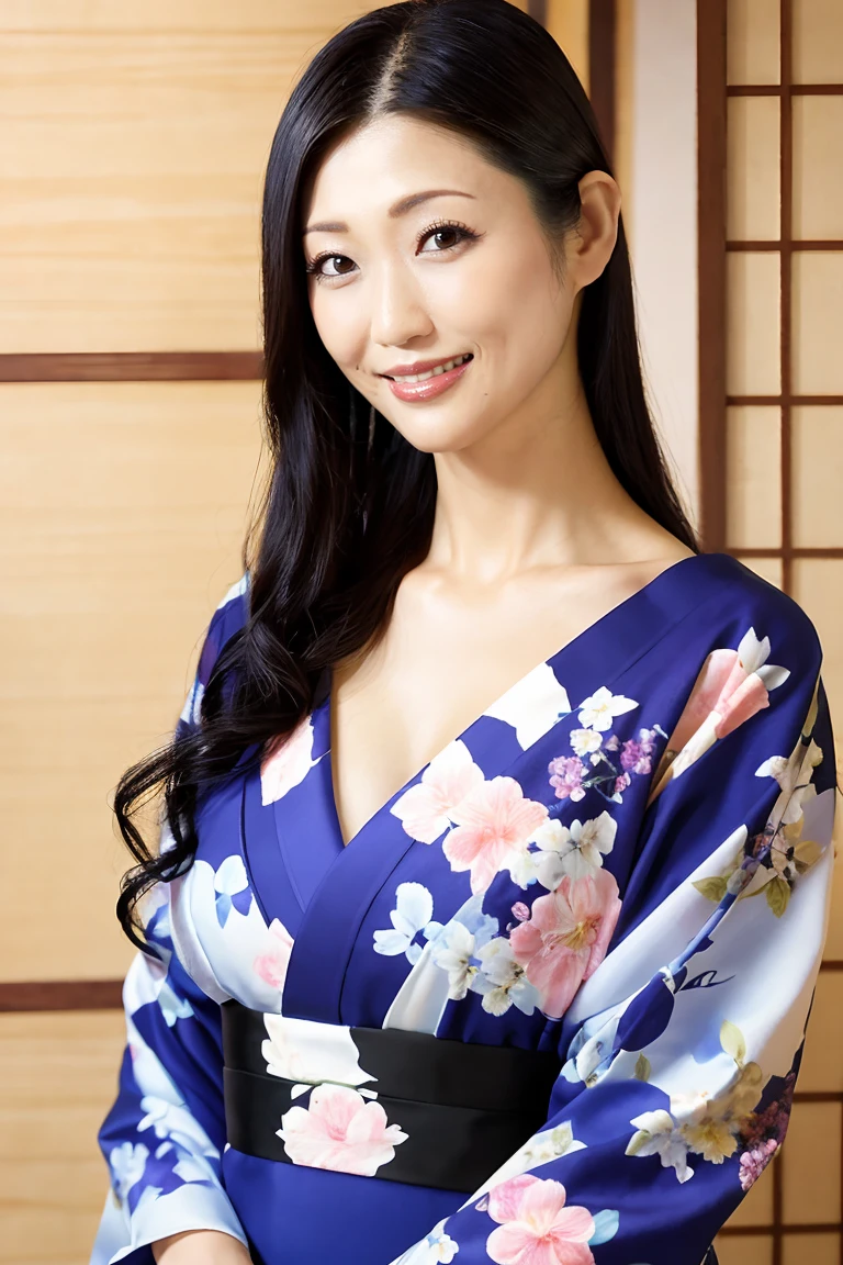 (最high quality、Tabletop、8K、Best image quality、Award-winning works)、(一人のbeautiful成熟した女性:1.1)、Adult face、(Innkeeper:1.1)、(Elegant floral kimono:1.2)、(V-neck kimono:1.2)、Perfect mature woman portrait photo、Glowing Skin、Standing Elegantly、(Blurred elegant and exquisite perfect Japanese style room background:1.3)、(The most natural and perfect tidy Japanese style room background:1.2)、Glowing White Skin、Very white skin、(Accentuate your body lines:1.1)、(The most graceful posture:1.2)、(Large Breasts:1.2)、A perfect smile、完璧なbeautiful光沢のある唇、(Accurate anatomy:1.2)、(Standing with good posture:1.1)、(beautiful, high quality, Large kimono obi:1.2)、(完璧で自然なbeautiful袖:1.2)、(Chignon:1.1)、(Close-up of face:1.3)、(V-neck kimonoからCleavageを露出する:1.4)、(Cleavage:1.2)