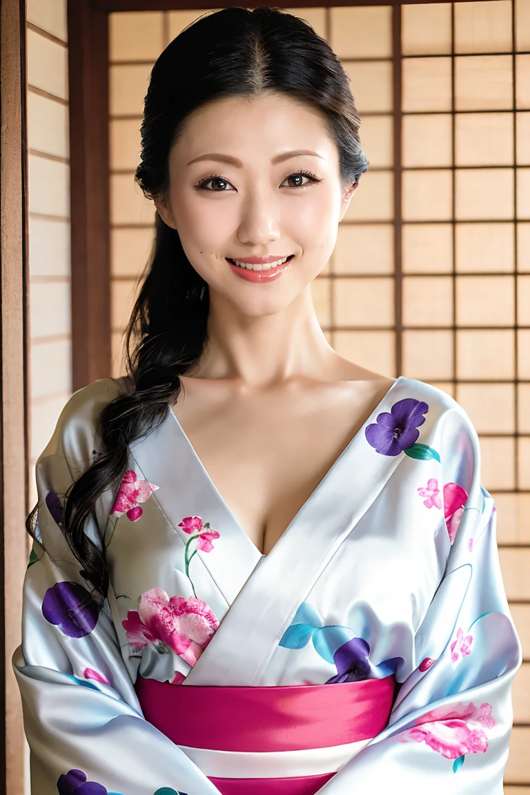 A woman posing in a kimono、Big Breasts、The cleavage is visible、Photo by Torii Kiyomoto、Muscular!White、50 years old、Young and pretty grey-haired Asian face、chiaki nanami