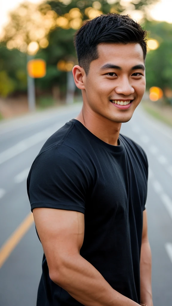 Thai man ,man,He is about 30 years old..,Rough and handsome appearance,large breastsj,Big waistline,buzz cut, angry, sullen, best quality, Masterpiece,(Have muscles:4.5),(best quality,high resolution,Masterpiece:1.2),The eyes are natural and delicate..,1 person,alone,gay asian,muscle,Long legs,brave,short hair details,conjunctivitis ,strong,brown eyes, (outdoor background road :1.5),in the market,sit (dark blue t-shirt:1.3),Jeans ,smile