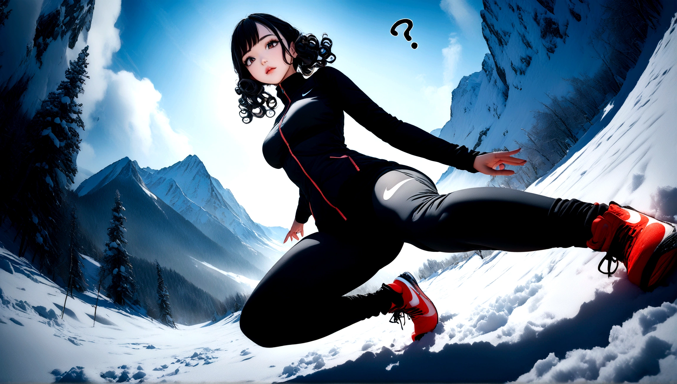 (top-quality, 8k, Masterpiece artwork: 1.3) A photo of a woman with curly black hair, in a dynamic heeled pose, wearing a Nike outfit, in a snowy ski resort during winter, taken with a wide-angle lens, detailed and highly detailed skin, bright lighting of reflected snow