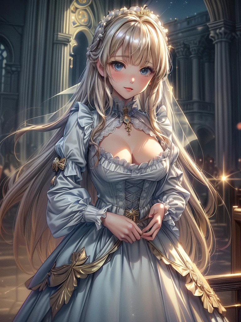 (((Dress Transparent Dress))), (((The dress features a voluminous hoop skirt and a long hem.、A gorgeous, incomparably gorgeous Rococo Victorian gown, Princess style skirt))), (ガウン shine まばゆいばかりに キラキラ 反射する プリズム状 透明 ガウン:1.2), (Gown A very elaborate gown:1.5), ((Huge breasts)), (Expressive hair), Very voluminous、Very long hair, bangs, Super delicate and beautiful face, Beautiful Lips, (Hyper Detail: Delicate and beautiful eyes), Cleavage, Beautiful smile, (((Young Face, Solo Enchanting Adorable Princess, age Girl, pretty girl, very pretty girl))), (Anime Moe Art Style 1.3), (((masterpiece, Super detailed, Highest quality, Ultra-high resolution, Great quality, Exceptional Quality, Super detailed, Ultra-high resolution, Unity 16K, 32k, ultra photo Realistic))), (Face Focus, Eye focus, Realistic, Blurred Background, Lens flare, shine, Light caustic effect:1.5), (Background of the church at night:1.3),