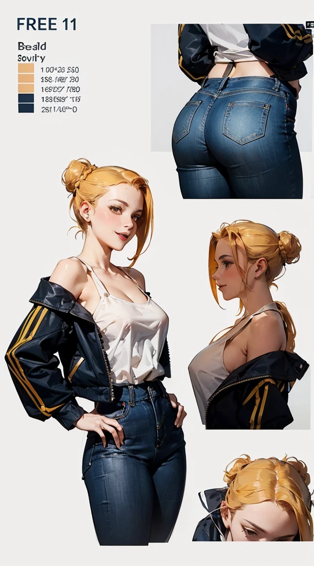 21 year old, redhead JordanCarver, (((happy flirty expression))) jeans and tight top with (gold and blue college sports jacket), ((bun hairstyle)) (((detailed character sheet, frontal view, side view, three quarter view))) (big muscle) (huge penis)   (masterpiece, 8K, highest quality, Very detailed, 1 mature woman), (Consistent personality, Same character), (Blonde Hair, Yellow Eyes), (Very detailed face and skin texture, Fine grain), Wicked Smile, Large Breasts, alone, (Maid), White Background, Bare shoulders, Captivating smile, (Multiple Views, multiple angles), Side view, Front view, look up, Looking down, Rear view, 20-degree head view