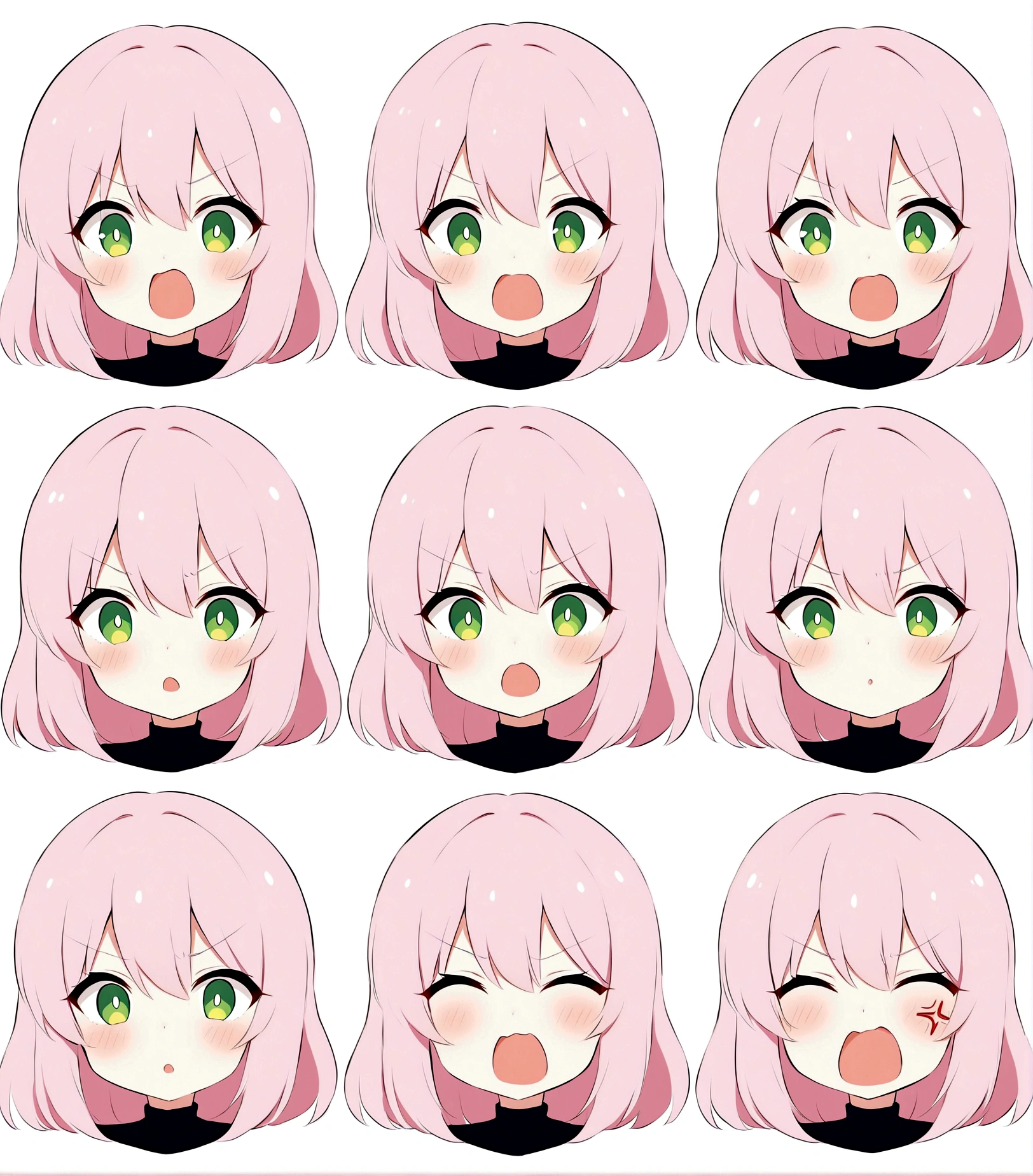 Cute kawaii style anime girl，Cute style with pink hair and green eyes，Facial expressions and movements，Exaggerated movements，happiness，anger，sad，surprise，happiness等，A variety of emotions，White Background，Q version，9 Grid，9 different expressions
