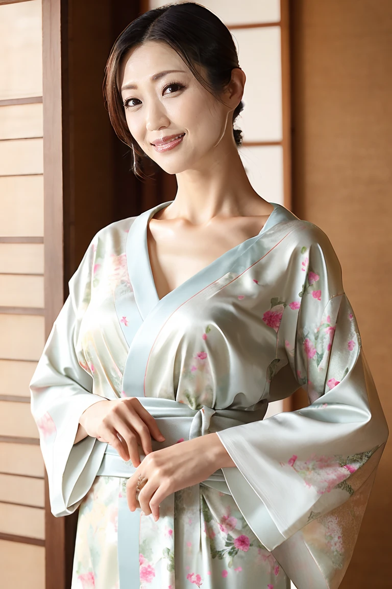 (最high quality、Tabletop、8K、Best image quality、Award-winning works)、(一人のbeautiful成熟した女性:1.1)、Mature wrinkled face、(Innkeeper:1.1)、(Elegant floral kimono:1.2)、(V-neck kimono:1.2)、Perfect mature woman portrait photo、Glowing Skin、Standing Elegantly、(Blurred elegant and exquisite perfect Japanese style room background:1.3)、(The most natural and perfect tidy Japanese style room background:1.2)、Glowing White Skin、Very white skin、(Accentuate your body lines:1.1)、(The most graceful posture:1.2)、(Large Breasts:1.2)、A perfect smile、完璧なbeautiful光沢のある唇、(Accurate anatomy:1.2)、(Standing with good posture:1.1)、(beautiful, high quality, Large kimono obi:1.2)、(完璧で自然なbeautiful袖:1.2)、(Chignon:1.1)、(Close-up of face:1.3)、(V-neck kimonoからCleavageを露出する:1.4)、(Cleavage:1.2)