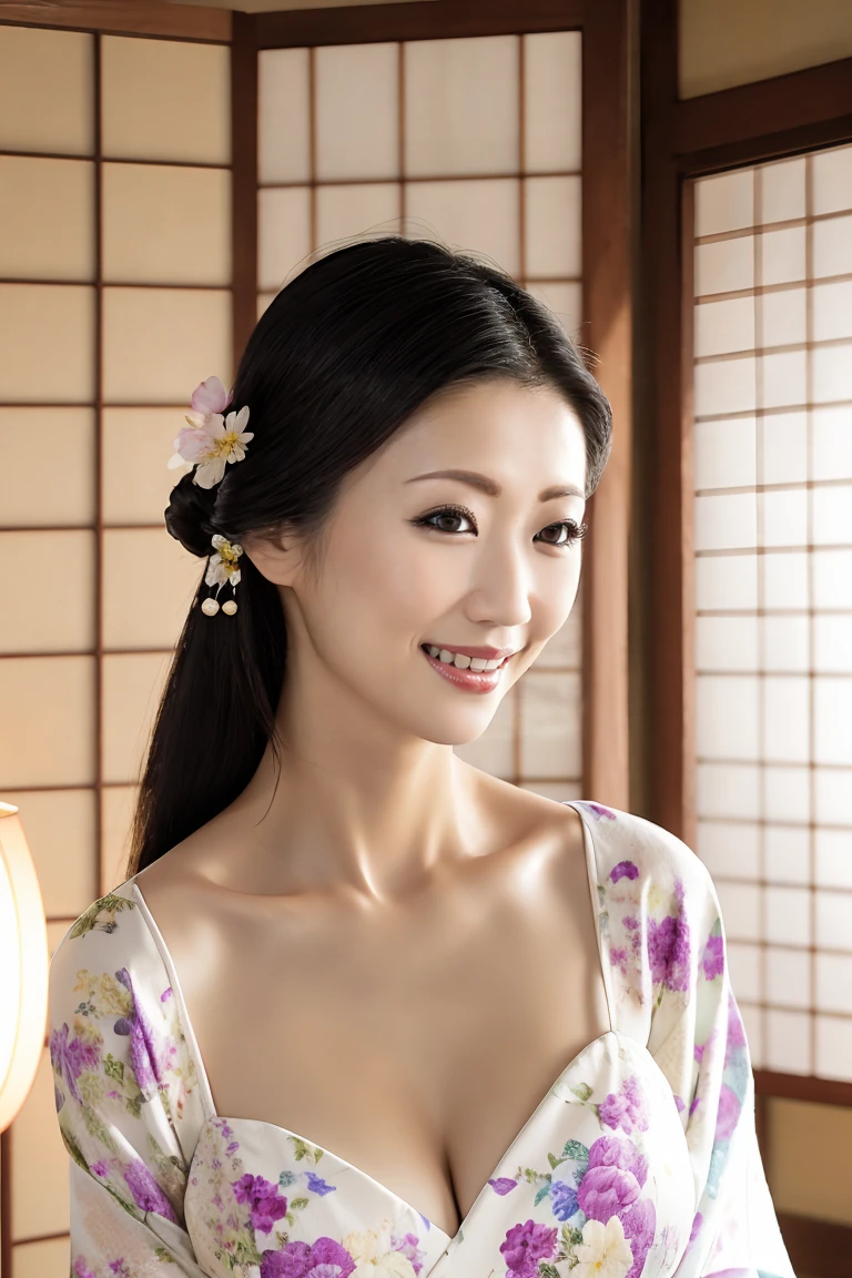 (最high quality、Tabletop、8K、Best image quality、Award-winning works)、(一人のbeautiful成熟した女性:1.1)、Mature wrinkled face、(Innkeeper:1.1)、(Elegant floral kimono:1.2)、(V-neck kimono:1.2)、Perfect mature woman portrait photo、Glowing Skin、Standing Elegantly、(Blurred elegant and exquisite perfect Japanese style room background:1.3)、(The most natural and perfect tidy Japanese style room background:1.2)、Glowing White Skin、Very white skin、(Accentuate your body lines:1.1)、(The most graceful posture:1.2)、(Large Breasts:1.2)、A perfect smile、完璧なbeautiful光沢のある唇、(Accurate anatomy:1.2)、(Standing with good posture:1.1)、(beautiful, high quality, Large kimono obi:1.2)、(完璧で自然なbeautiful袖:1.2)、(Chignon:1.1)、(Close-up of face:1.3)、(V-neck kimonoからCleavageを露出する:1.4)、(Cleavage:1.2)