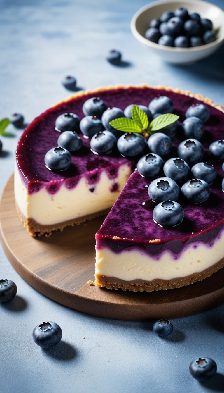  RAW Photography,Blueberry cheesecake, Highlight its exquisiteness, Lace texture and perfect balance. The work should evoke an irresistible taste, Every detail has been thoughtfully designed，Designed to inspire amateur and experienced cooks, (Clear details:1.1), masterpiece, 35mm Photo, (Iconic photos:1.4), (Visual Storytelling:1.2), Film Grain, Award-winning photography,Vivid use of light and shadow, High quality materials, Volumetric texture perfect combination, Dynamic changes of light, Rich colors, Epic Shots, perfect quality, Natural Texture,High Detail, Light and Shadow, (Natural Colors, Correct white balance, Color Correction, ten),(Complex and meticulous), 8K