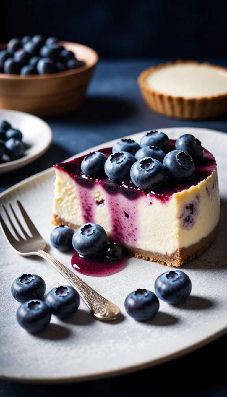RAW Photography,Blueberry cheesecake, Highlight its exquisiteness, Lace texture and perfect balance. The work should evoke an irresistible taste, Every detail has been thoughtfully designed,Designed to inspire amateur and experienced cooks, (Clear details:1.1), masterpiece, 35mm Photo, (Iconic photos:1.4), (Visual Storytelling:1.2), Film Grain, Award-winning photography,Vivid use of light and shadow, High quality materials, Volumetric texture perfect combination, Dynamic changes of light, Rich colors, Epic Shots, perfect quality, Natural Texture,High Detail, Light and Shadow, (Natural Colors, Correct white balance, Color Correction, ten),(Complex and meticulous), 8K