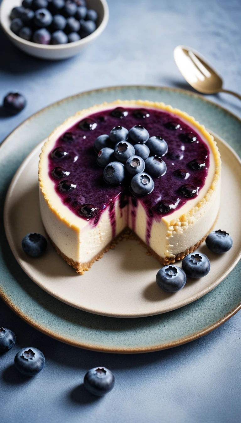  RAW Photography,Blueberry cheesecake, Highlight its exquisiteness, Lace texture and perfect balance. The work should evoke an irresistible taste, Every detail has been thoughtfully designed，Designed to inspire amateur and experienced cooks, (Clear details:1.1), masterpiece, 35mm Photo, (Iconic photos:1.4), (Visual Storytelling:1.2), Film Grain, Award-winning photography,Vivid use of light and shadow, High quality materials, Volumetric texture perfect combination, Dynamic changes of light, Rich colors, Epic Shots, perfect quality, Natural Texture,High Detail, Light and Shadow, (Natural Colors, Correct white balance, Color Correction, ten),(Complex and meticulous), 8K