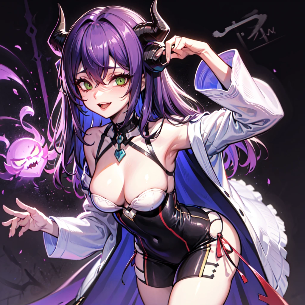 1boy, a man, green eyes, smile, (purple hair:1.2), short fluffy hair, lustful, horns, black horns, despair, haunting, collarbone, thorns,hair between eyes, yoshitaka amano character design, style by NTY, morbid, solo (gesugao), gesugao facial expression, sadistic smile, big
High cuality 4k hd