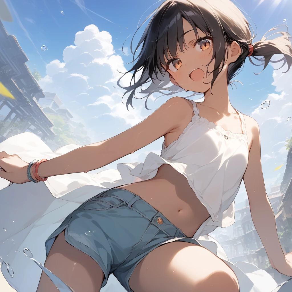 score_9, score_8_up, score_7_up, source_anime, best quality, masterpiece, official art, absurdres, highres, ultra-detailed,waifu2x,Collection: Slice of Life,break,1girl, tomboy, dark-skinned female, short hair, low ponytail, flat chest, beautiful detailed eyes, short shorts, sweat, open mouth, (yawn:0.3), sleepily, outdoors, wind,break,(clear line illustration:1.2), super detailed skin,very high resolution, very aesthetic, Best sexual lighting powered by famous artist, 8k,cute picture,beauty illustration,photoshop_(medium),,(Detailed Lighting),best anime 8k konachan wallpaper, pixiv contest winner, 