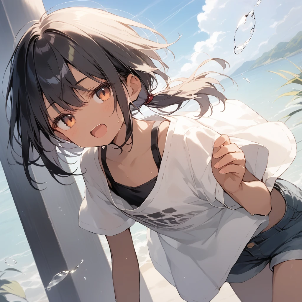score_9, score_8_up, score_7_up, source_anime, best quality, masterpiece, official art, absurdres, highres, ultra-detailed,waifu2x,Collection: Slice of Life,break,1girl, tomboy, dark-skinned female, short hair, low ponytail, flat chest, beautiful detailed eyes, short shorts, sweat, open mouth, (yawn:0.3), sleepily, outdoors, wind,break,(clear line illustration:1.2), super detailed skin,very high resolution, very aesthetic, Best sexual lighting powered by famous artist, 8k,cute picture,beauty illustration,photoshop_(medium),,(Detailed Lighting),best anime 8k konachan wallpaper, pixiv contest winner, 
