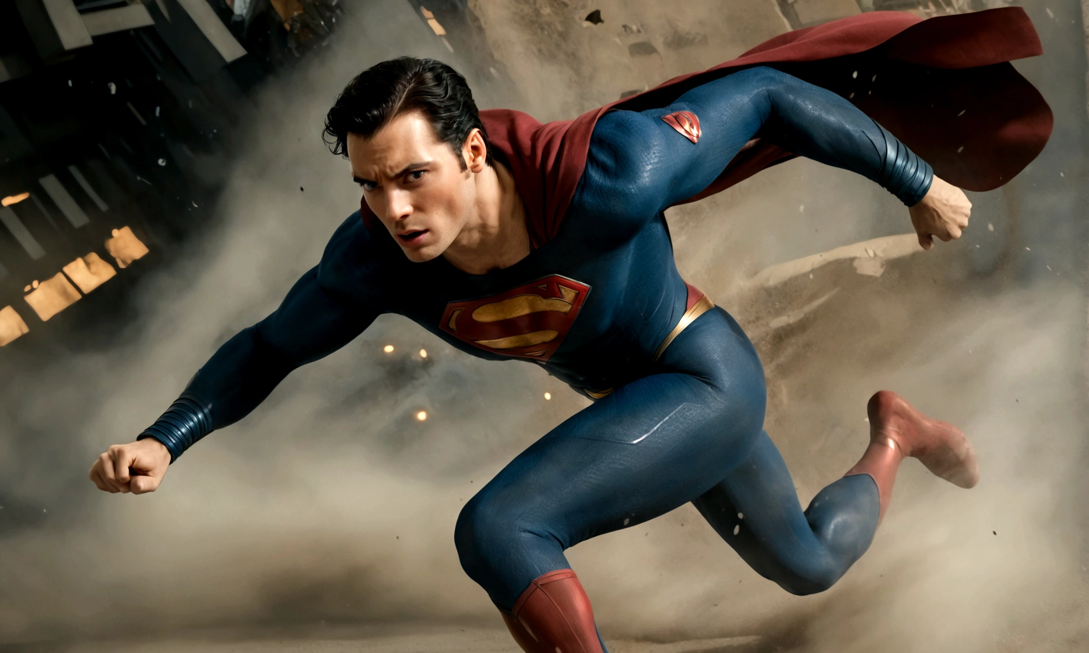 Superman flying ,in a scenario with destruction ,, Standard scenario , images without deformities , best overall quality , ​masterpiece