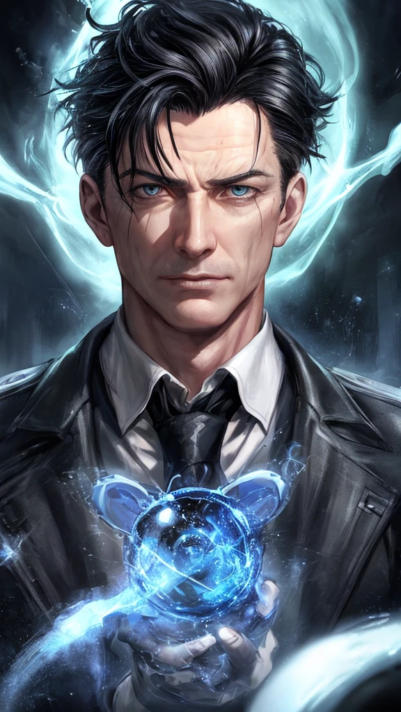 Jack Harkness male supervillain, black hair, blue eyes, smirk, white skin, sexy, (best quality,4k,8k,highres,masterpiece:1.2),ultra-detailed,(realistic,photorealistic,photo-realistic:1.37),superhero,evil,villainous,intense gaze,detailed facial features,dramatic lighting,dark and moody atmosphere,chiaroscuro,cinematic,portrait