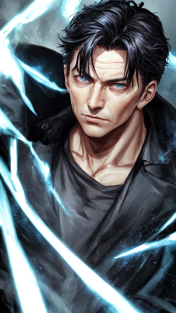 Jack Harkness male supervillain, black hair, blue eyes, smirk, white skin, sexy, (best quality,4k,8k,highres,masterpiece:1.2),ultra-detailed,(realistic,photorealistic,photo-realistic:1.37),superhero,evil,villainous,intense gaze,detailed facial features,dramatic lighting,dark and moody atmosphere,chiaroscuro,cinematic,portrait
