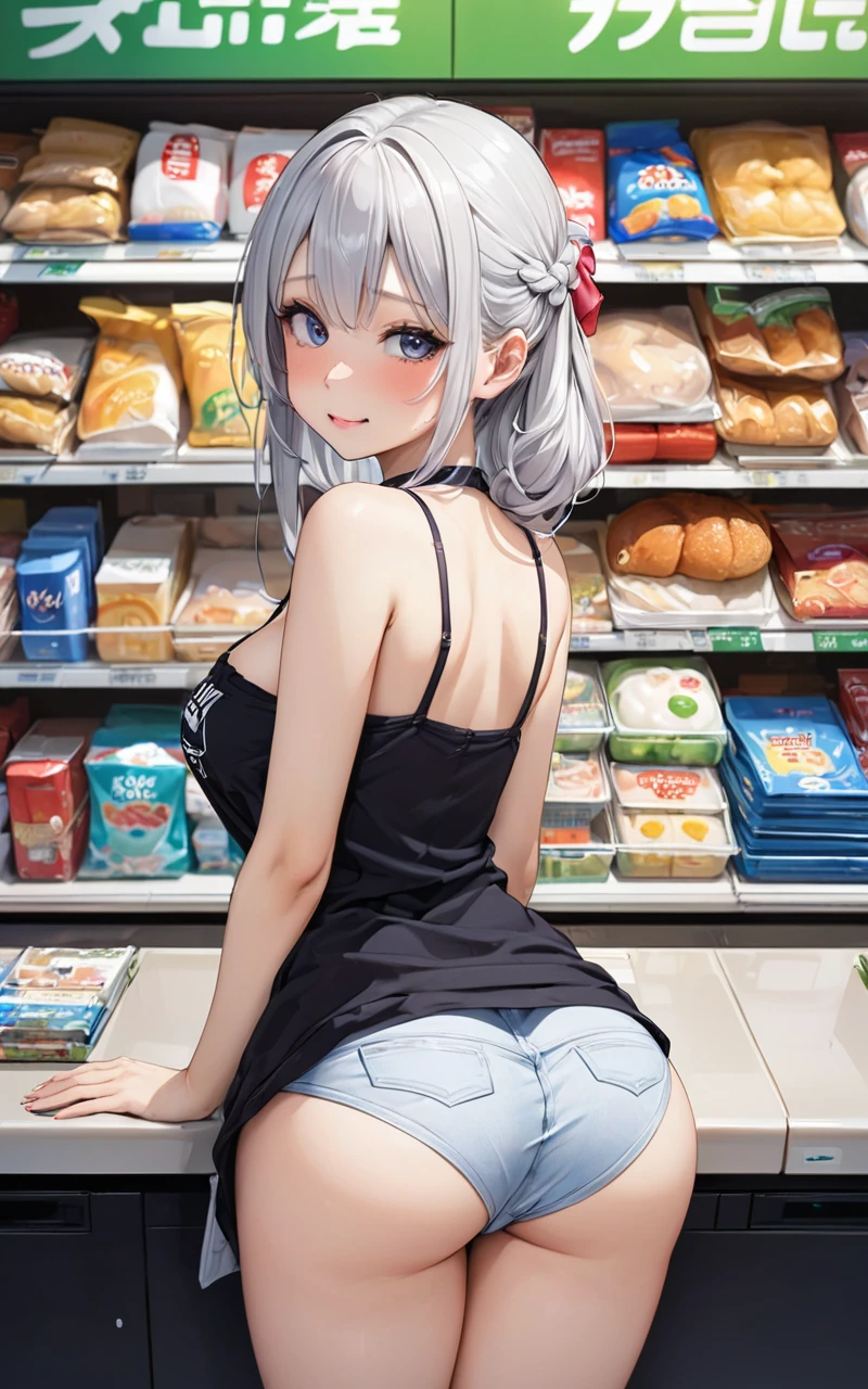 Highest quality、super high quality、16K, Breast size is random、Facial expressions are random、The place is a convenience store、 Hair color is silver hair、The pose is a convenience store cashier、The distance is random、Angles are random、Small face、Very delicate facial expressions、Delicate eye depiction、Highly detailed hair、Erotic、18-year-old female、Glowing Skin、Soft Skin、The only sexy Japanese woman、The clothes are random convenience store clerks、Sexy ass、The focus is on the butt、1 female、