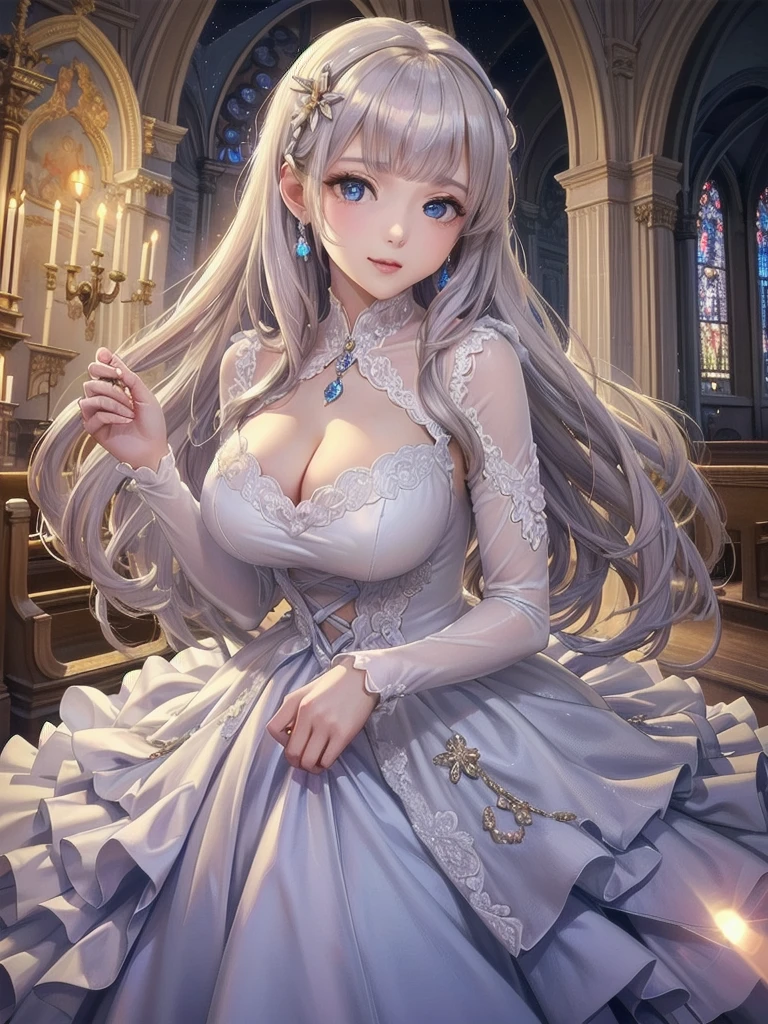 (((Dress Transparent Dress))), (((The dress features a voluminous hoop skirt and a long hem.、A gorgeous, incomparably gorgeous Rococo Victorian gown, Princess style skirt))), (ガウン shine まばゆいばかりに キラキラ 反射する プリズム状 透明 ガウン:1.2), (Gown A very elaborate gown:1.5), ((Huge breasts)), (Expressive hair), Very voluminous、Very long hair, bangs, Super delicate and beautiful face, Beautiful Lips, (Hyper Detail: Delicate and beautiful eyes), Cleavage, Beautiful smile, (((Young Face, Solo Enchanting Adorable Princess, age Girl, pretty girl, very pretty girl))), (Anime Moe Art Style 1.3), (((masterpiece, Super detailed, Highest quality, Ultra-high resolution, Great quality, Exceptional Quality, Super detailed, Ultra-high resolution, Unity 16K, 32k, ultra photo Realistic))), (Face Focus, Eye focus, Realistic, Blurred Background, Lens flare, shine, Light caustic effect:1.5), (Background of the church at night:1.3),