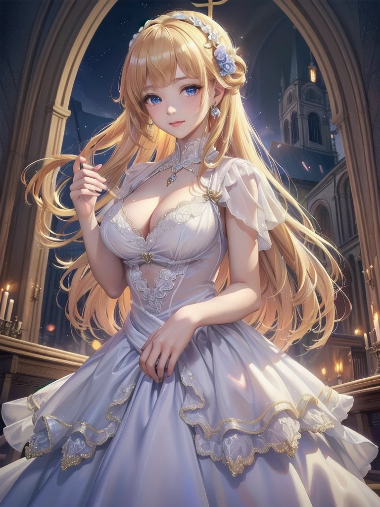 (((Dress Transparent Dress))), (((The dress features a voluminous hoop skirt and a long hem.、A gorgeous, incomparably gorgeous Rococo Victorian gown, Princess style skirt))), (ガウン shine まばゆいばかりに キラキラ 反射する プリズム状 透明 ガウン:1.2), (Gown A very elaborate gown:1.5), ((Huge breasts)), (Expressive hair), Very voluminous、Very long hair, bangs, Super delicate and beautiful face, Beautiful Lips, (Hyper Detail: Delicate and beautiful eyes), Cleavage, Beautiful smile, (((Young Face, Solo Enchanting Adorable Princess, Teenage Girl, pretty girl, very pretty girl))), (Anime Moe Art Style 1.3), (((masterpiece, Super detailed, Highest quality, Ultra-high resolution, Great quality, Exceptional Quality, Super detailed, Ultra-high resolution, Unity 16K, 32k, ultra photo Realistic))), (Face Focus, Eye focus, Realistic, Blurred Background, Lens flare, shine, Light caustic effect:1.5), (Background of the church at night:1.3), 