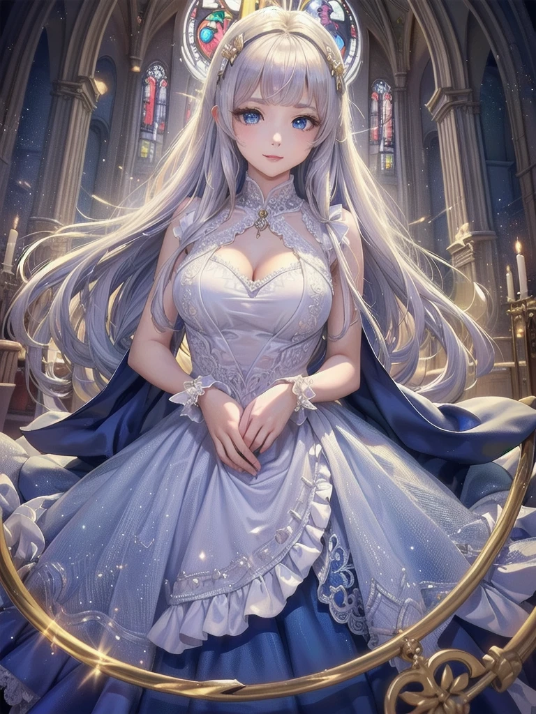 (((Dress Transparent Dress))), (((The dress features a voluminous hoop skirt and a long hem.、A gorgeous, incomparably gorgeous Rococo Victorian gown, Princess style skirt))), (ガウン shine まばゆいばかりに キラキラ 反射する プリズム状 透明 ガウン:1.2), (Gown A very elaborate gown:1.5), ((Huge breasts)), (Expressive hair), Very voluminous、Very long hair, bangs, Super delicate and beautiful face, Beautiful Lips, (Hyper Detail: Delicate and beautiful eyes), Cleavage, Beautiful smile, (((Young Face, Solo Enchanting Adorable Princess, Teenage Girl, pretty girl, very pretty girl))), (Anime Moe Art Style 1.3), (((masterpiece, Super detailed, Highest quality, Ultra-high resolution, Great quality, Exceptional Quality, Super detailed, Ultra-high resolution, Unity 16K, 32k, ultra photo Realistic))), (Face Focus, Eye focus, Realistic, Blurred Background, Lens flare, shine, Light caustic effect:1.5), (Background of the church at night:1.3), 