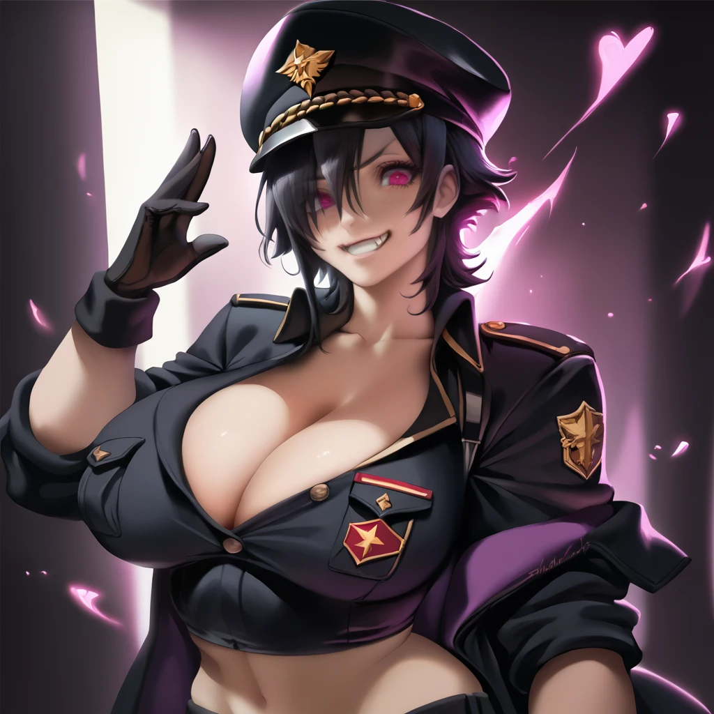 score_9, score_8_up, score_7_up, score_6_up, score_5_up, score_4_up, (source_anime),   1girl, huge breasts, looking at viewer, smile, fang, black clothes, short hair, shirt, midriff, skirt, thong, black hair, gloves, hat, cleavage, hair between eyes, collarbone,  black gloves, pink eyes, grin, uniform, black shirt, black headwear, peaked cap, pocket, military hat, breast pocket, partially unbuttoned, hat tip, hat over one eye, indoors, military, military base, upper body, purple theme,