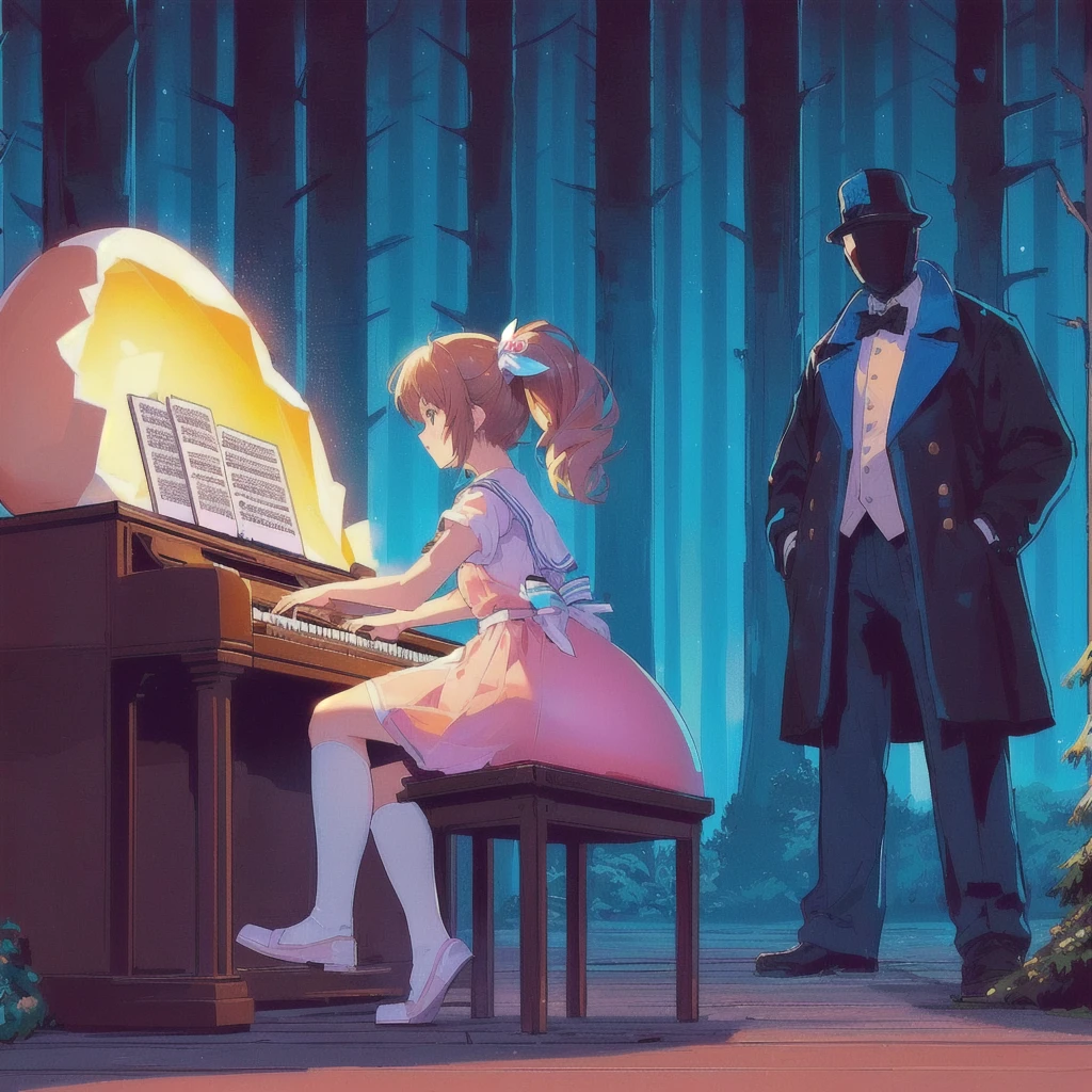 Anime girl playing keyboard on a giant egg,Celeste&#39;s Madeline, Official Artwork, Lofi Art, 80s anime style,official Fan art, Lo-fi Girl, nodded, lofi album art, Promotional Art, Fan art, high quality Fan art, Background artwork, Official Art, Lofi Artstyle, Synth feel, High quality artwork, Chill Hop, Portrait of Rofi