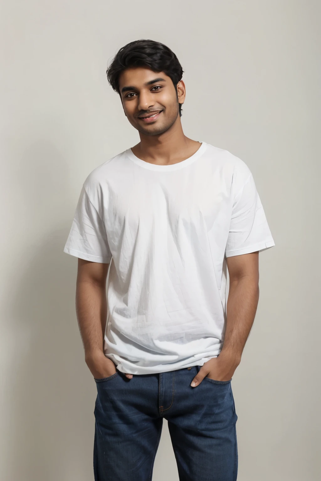 an indian man, 25-year-old, wearing a completely white oversized half t-shirt, black denim relaxed fir jeans, standing inside the studio, plain black background, facing the camera, smiling.