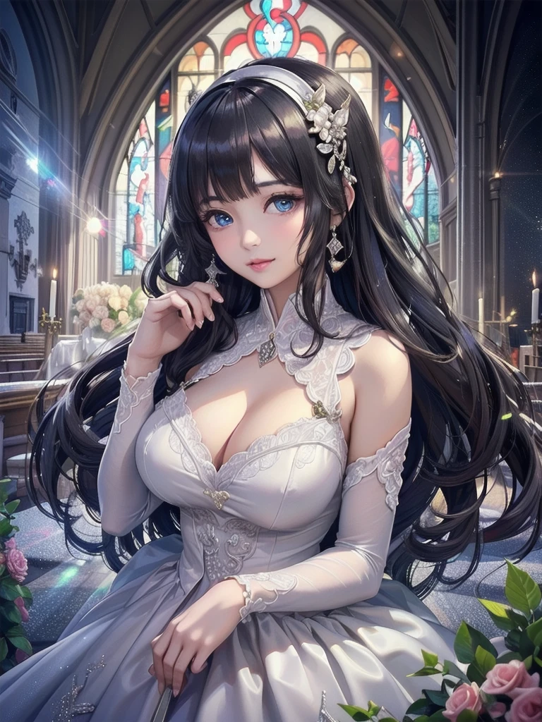 (((Dress Transparent Dress))), (((The dress features a voluminous hoop skirt and a long hem.、A gorgeous, incomparably gorgeous Rococo Victorian gown, Princess style skirt))), (ガウン shine まばゆいばかりに キラキラ 反射する プリズム状 透明 ガウン:1.2), (Gown A very elaborate gown:1.5), ((Huge breasts)), (Expressive hair), Very voluminous、Very long hair, bangs, Super delicate and beautiful face, Beautiful Lips, (Hyper Detail: Delicate and beautiful eyes), Cleavage, Beautiful smile, (((Young Face, Solo Enchanting Adorable Princess, age Girl, pretty girl, very pretty girl))), (Anime Moe Art Style 1.3), (((masterpiece, Super detailed, Highest quality, Ultra-high resolution, Great quality, Exceptional Quality, Super detailed, Ultra-high resolution, Unity 16K, 32k, ultra photo Realistic))), (Face Focus, Eye focus, Realistic, Blurred Background, Lens flare, shine, Light caustic effect:1.5), (Background of the church at night:1.3),
