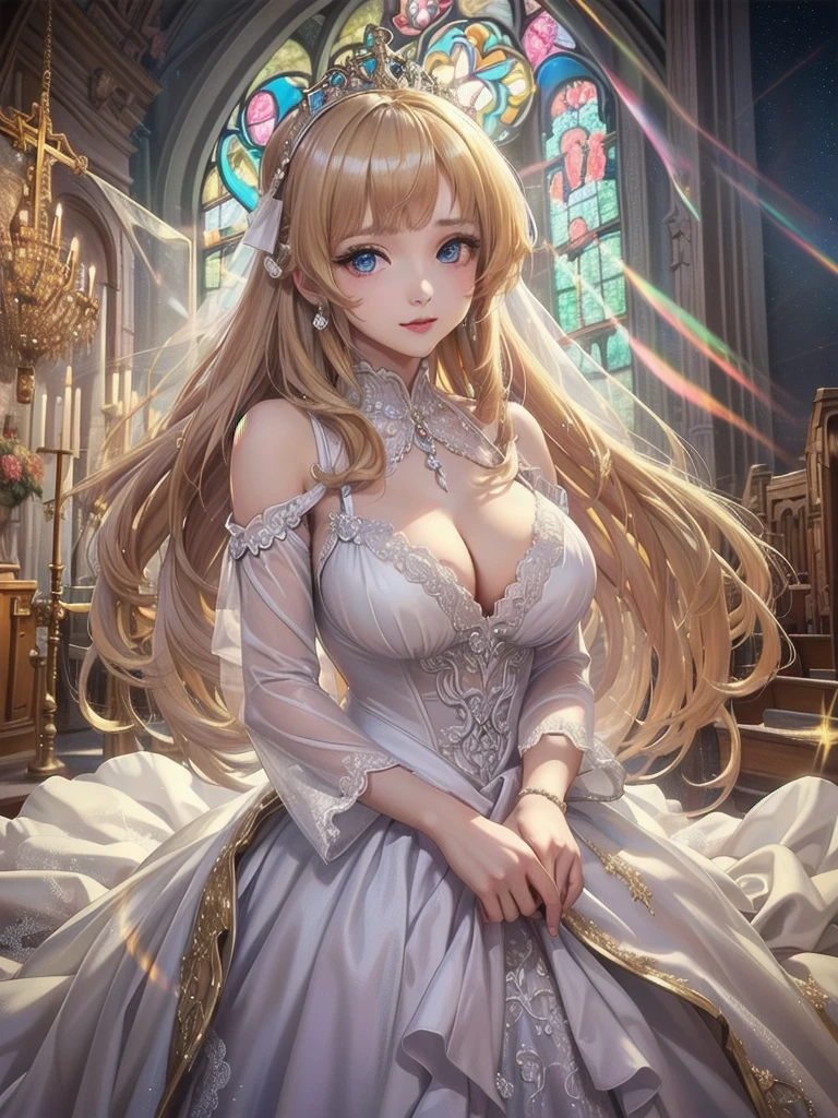 (((Dress Transparent Dress))), (((The dress features a voluminous hoop skirt and a long hem.、A gorgeous, incomparably gorgeous Rococo Victorian gown, Princess style skirt))), (ガウン shine まばゆいばかりに キラキラ 反射する プリズム状 透明 ガウン:1.2), (Gown A very elaborate gown:1.5), ((Huge breasts)), (Expressive hair), Very voluminous、Very long hair, bangs, Super delicate and beautiful face, Beautiful Lips, (Hyper Detail: Delicate and beautiful eyes), Cleavage, Beautiful smile, (((Young Face, Solo Enchanting Adorable Princess, age Girl, pretty girl, very pretty girl))), (Anime Moe Art Style 1.3), (((masterpiece, Super detailed, Highest quality, Ultra-high resolution, Great quality, Exceptional Quality, Super detailed, Ultra-high resolution, Unity 16K, 32k, ultra photo Realistic))), (Face Focus, Eye focus, Realistic, Blurred Background, Lens flare, shine, Light caustic effect:1.5), (Background of the church at night:1.3),