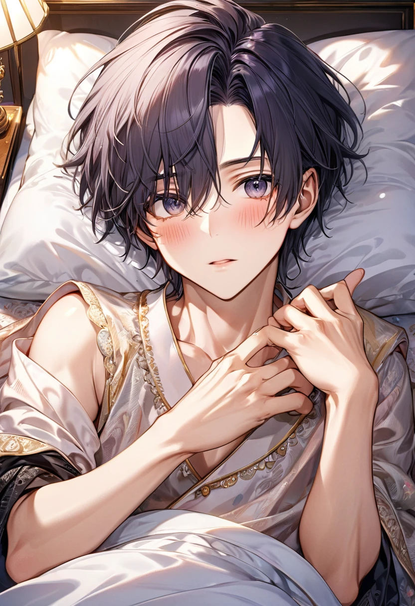 Young and naive man,(Highest quality,Extremely detailed depiction,Incredibly absurd high resolution,Anatomically accurate depiction,Two lovely hands, Five perfect fingers),(Prince in noble nightwear),blush,Lying in bed,I&#39;m suffering from a fever,Looks painful,whole body,background:Bedroom at night,Pink Light
