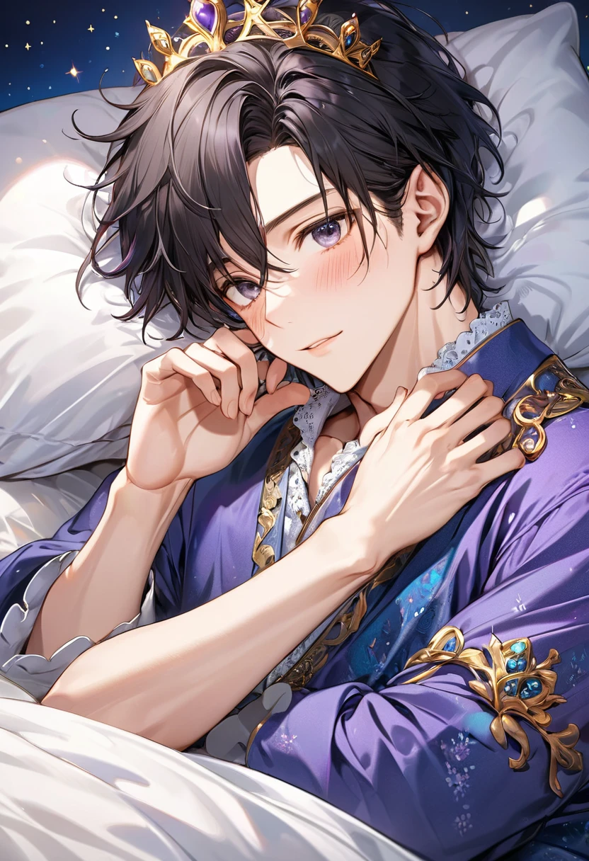 Young and naive man,(Highest quality,Extremely detailed depiction,Incredibly absurd high resolution,Anatomically accurate depiction,Two lovely hands, Five perfect fingers),(Prince in noble nightwear),blush,Lying in bed,I'm suffering from a fever,whole body,background:Bedroom at night,Pink Light