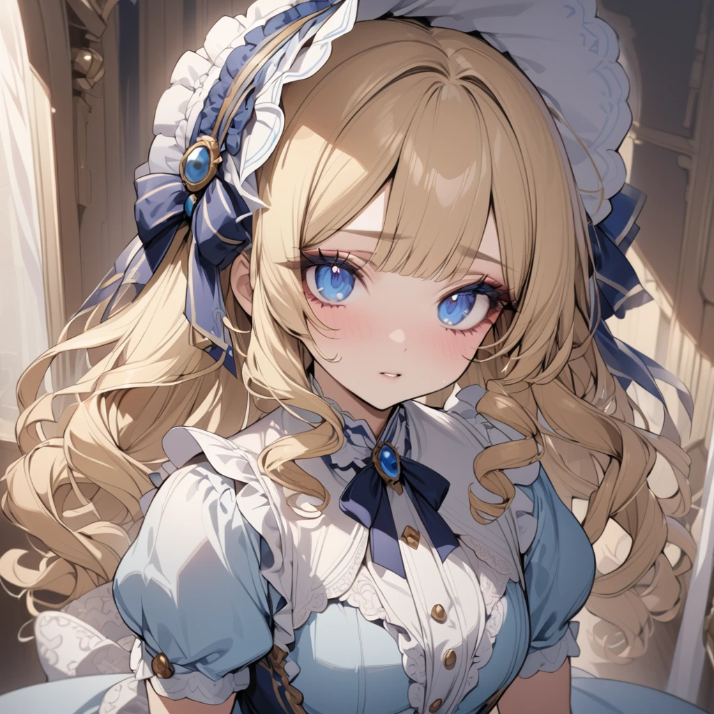 Blonde hair,sidecurls,curls,blue eyes,long eyelashes,light blue victorian dress,puffy short sleeves,frilled dress,collared dress,frilly wide brimmed Bonnet with bows,fringe bangs,bustshot,masterpiece,highress,