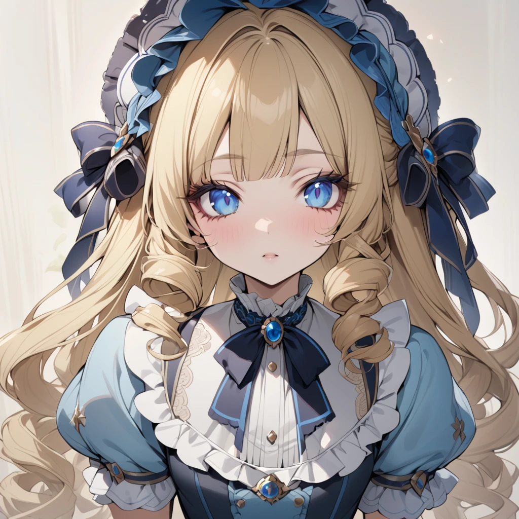 Blonde hair,sidecurls,curls,blue eyes,long eyelashes,light blue victorian dress,puffy short sleeves,frilled dress,collared dress,frilly wide brimmed Bonnet with bows,fringe bangs,bustshot,masterpiece,highress,