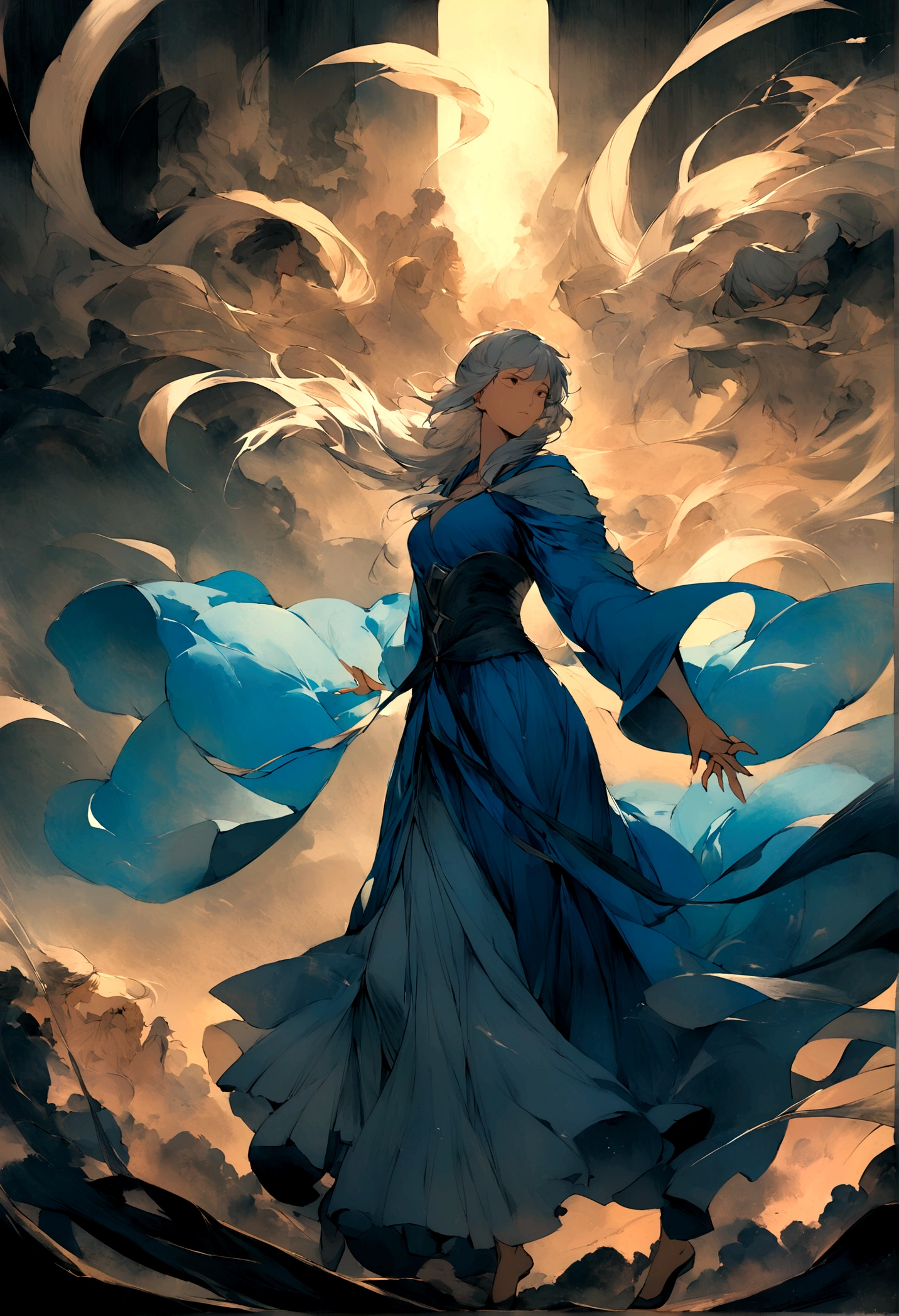 Create an illustration ofA mage garbed in azure robes, their hair dancing in the breeze, their spells conjuring swirling vortexes of wind to buffet their enemies. Their presence is as ephemeral as a passing breeze, yet their spells carry the force of a raging storm. The background must be a wind and several air effect.
