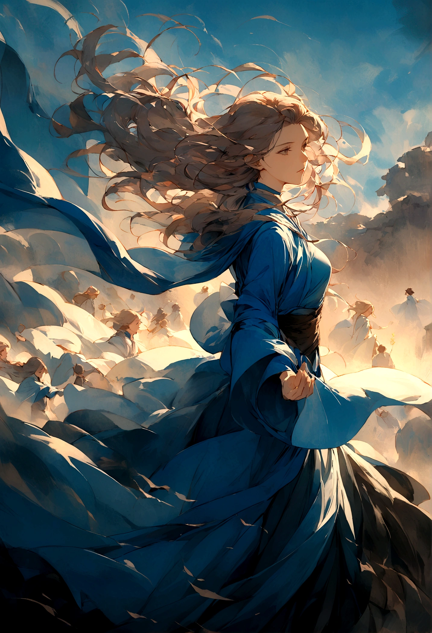 Create an illustration ofA mage garbed in azure robes, their hair dancing in the breeze, their spells conjuring swirling vortexes of wind to buffet their enemies. Their presence is as ephemeral as a passing breeze, yet their spells carry the force of a raging storm. The background must be a wind and several air effect.