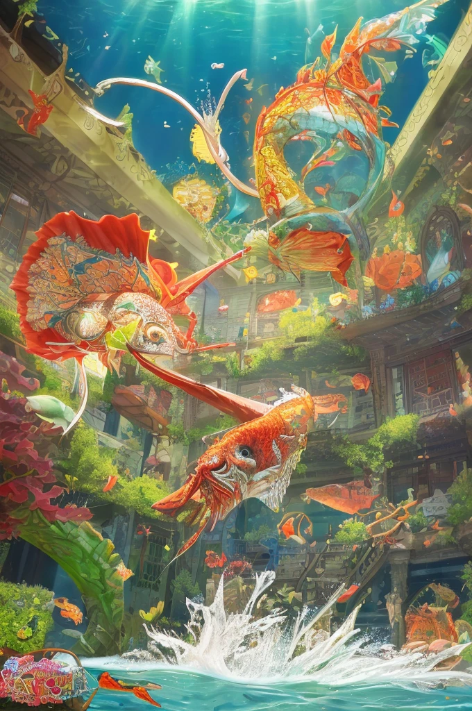 A single, vividly detailed One Piece-themed fish in an underwater scene. The fish should be inspired by species such as tuna, anglerfish, blobfish, flatface crab, or kraken, designed with unique, colorful, and fantastical elements reminiscent of the One Piece universe. The scene includes dynamic water splashes, bubbles, and sunlight filtering through the water, illuminating the fish and creating a sense of motion and life. The fish should have exaggerated features, bold colors, and intricate patterns that reflect the whimsical and adventurous spirit of One Piece.