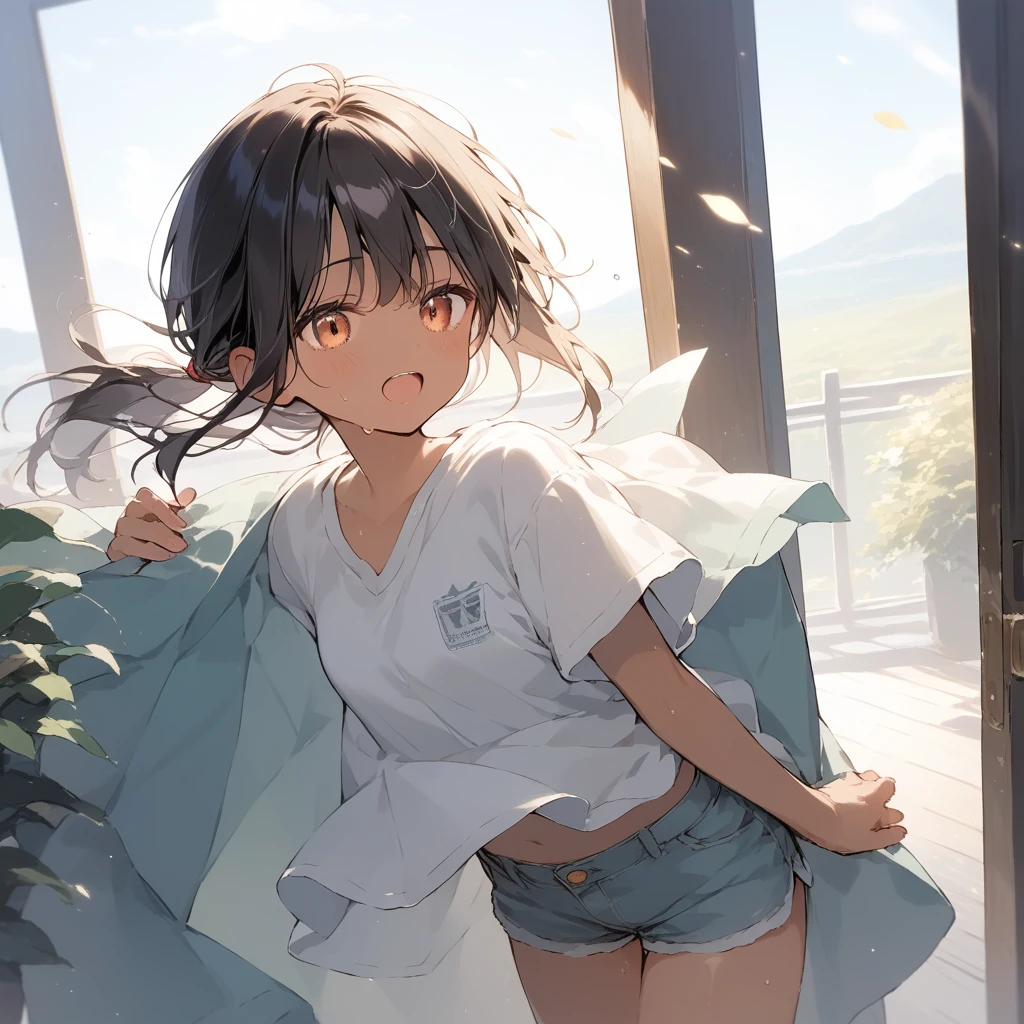 score_9, score_8_up, score_7_up, source_anime, best quality, masterpiece, official art, absurdres, highres, ultra-detailed,waifu2x,Collection: Slice of Life,break,1girl, tomboy, dark-skinned female, short hair, low ponytail, small breasts, beautiful detailed eyes, short shorts, sweat, open mouth, (yawn:0.3), sleepily, outdoors, wind,break,(clear line illustration:1.2), super detailed skin,very high resolution, very aesthetic, Best sexual lighting powered by famous artist, 8k,cute picture,beauty illustration,photoshop_(medium),,(Detailed Lighting),best anime 8k konachan wallpaper, pixiv contest winner,