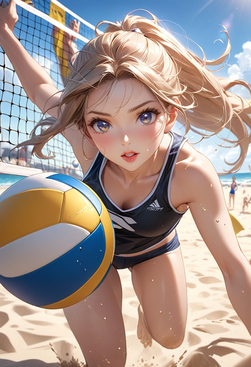 beautiful cute girl beach volleyball player on a beach volleyball court, girl playing beach volleyball, girl running and  jumping  on the beach volleyball court, (hit the volleyball):1.3 back into the opponent's court, , intense beach volleyball action:1.2, sand flying as they move, sweat-glistened bodies, sand clinging to their skin, beautiful detailed(cute face, eyes, longeyelash, lips, body), detailed beach volleyball court and net, (highest quality,16k,highres,masterpiece:1.2),ultra-detailed,(ultra-realistic,photo-realistic:1.37),dynamic action shot, vibrant colors, warm lighting, stunning beach scenery,