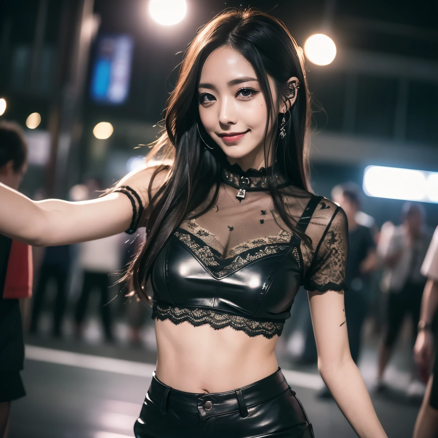 (night, Highest quality, 8K, masterpiece, RAW Photos: 1.3), ( nightのクラブ, Disco, dancing, dance, 激しくdancing:1.2), Expressionless, One beautiful woman , Tattooの入った1人の美しい女性, Tattooed body, Disheveled clothes, Tattoo, lace cropped top, Sexy girl in leather shorts, Tight waist, beautiful abdomen, Small breasts, Very detailed, Intricate details, Very detailedな顔と肌の質感, The body is slim, Narrow eyes, Realistic, Fascinating, Small breasts, Narrow eyes, Symmetrical eyes, (Naughty smile, dynamic, Dynamic Angle, dynamicなアングル:1.2)