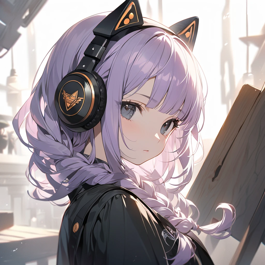 (Cute a girl:1.5), (a chibi girl with closs hair pin, pale purple hair, wavy two braids, blunt bangs hair, green and black eyes:1.4), anime visual, (tilt head:1.3), realistic lighting and shading, (an extremely delicate and beautiful art:1.3), (from side:1.5), (black-colored Square shaped headphones headphones:1.5), Marshall logo on headphones, looking lonely