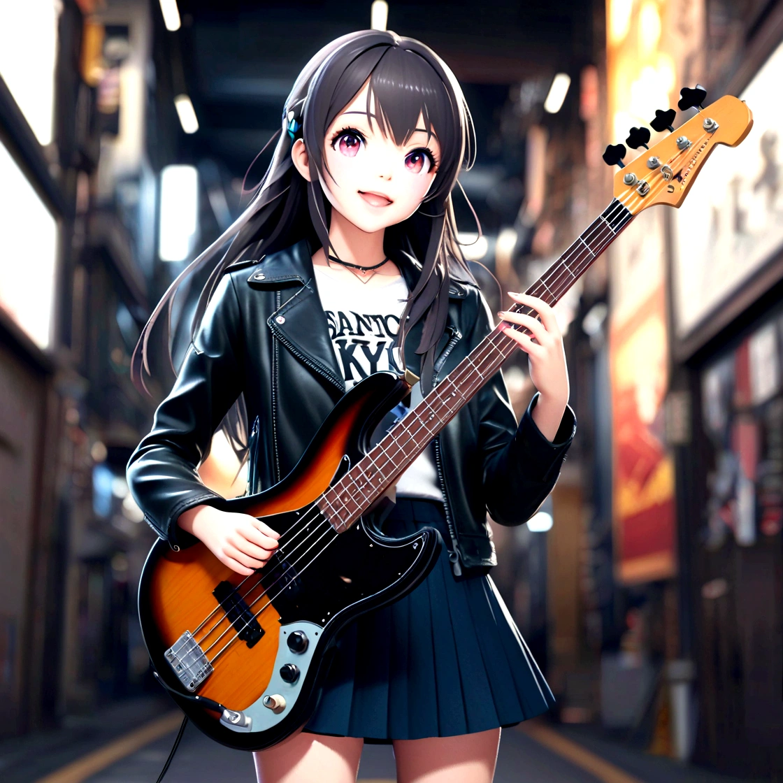 Anime girl playing guitar on the city street, bassist, Realistic Anime 3D Style, Anime Style 4 k, Anime Style. 8K, render of a cute 3d anime girl, Photorealistic anime girl rendering, 3d anime girl, Realistic anime art style, Smooth anime CG art, Anime Styled 3d, Cute Anime Girl, Realistic young anime girl