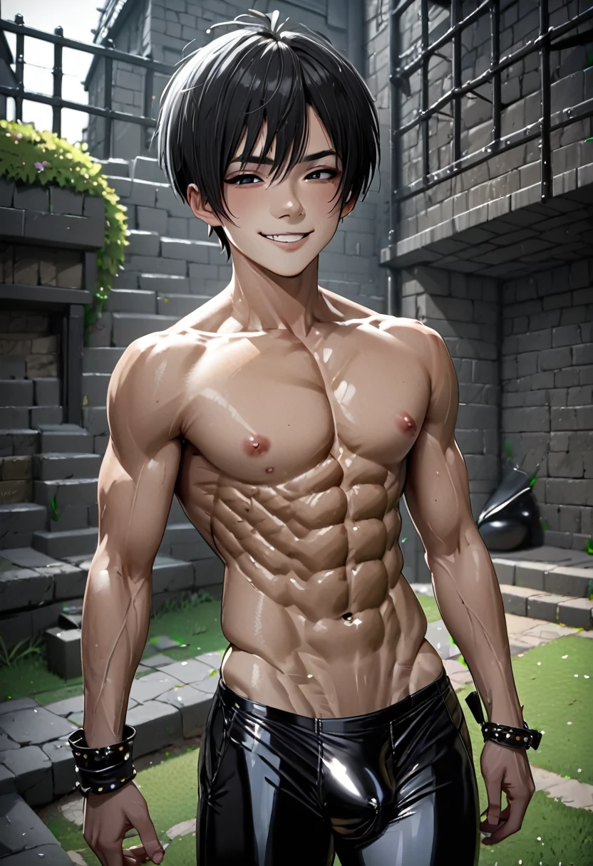 high quality, detailed, ( japanese idol boy), (detailed black eyes), (black short hair), (abs:1.5), (shiny skin), (bulge:1.2),(detailed nipples), black tiny thong, yard, dungeon, (best quality,4k,8k,highres,masterpiece:1.2), smirk