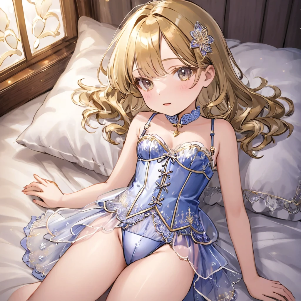 , １people、Pajamas、Gold and silver thread embroidery、Translucent underwear that reaches below the knee（Bloomers）wear、wear a semi-transparent corset、Translucent slip