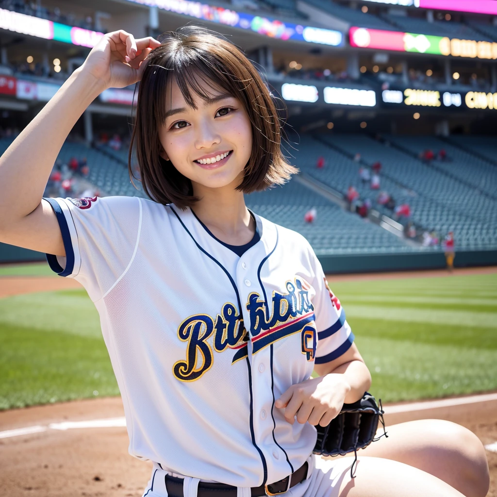 Highest quality,a girl, one girl,solo focus,raw photo,bloom,full body,4K,8K,Realistic,full body,Japanese women,一人のJapanese women,28 years old,Clear,kind,Beautiful eyes,smile,Full of maternal love,nice style,smile,teeth,short blonde hair,Large Breasts,healthy,positive,Very detailed,The style is a baseball uniform,In the background is a baseball stadium,a one girl