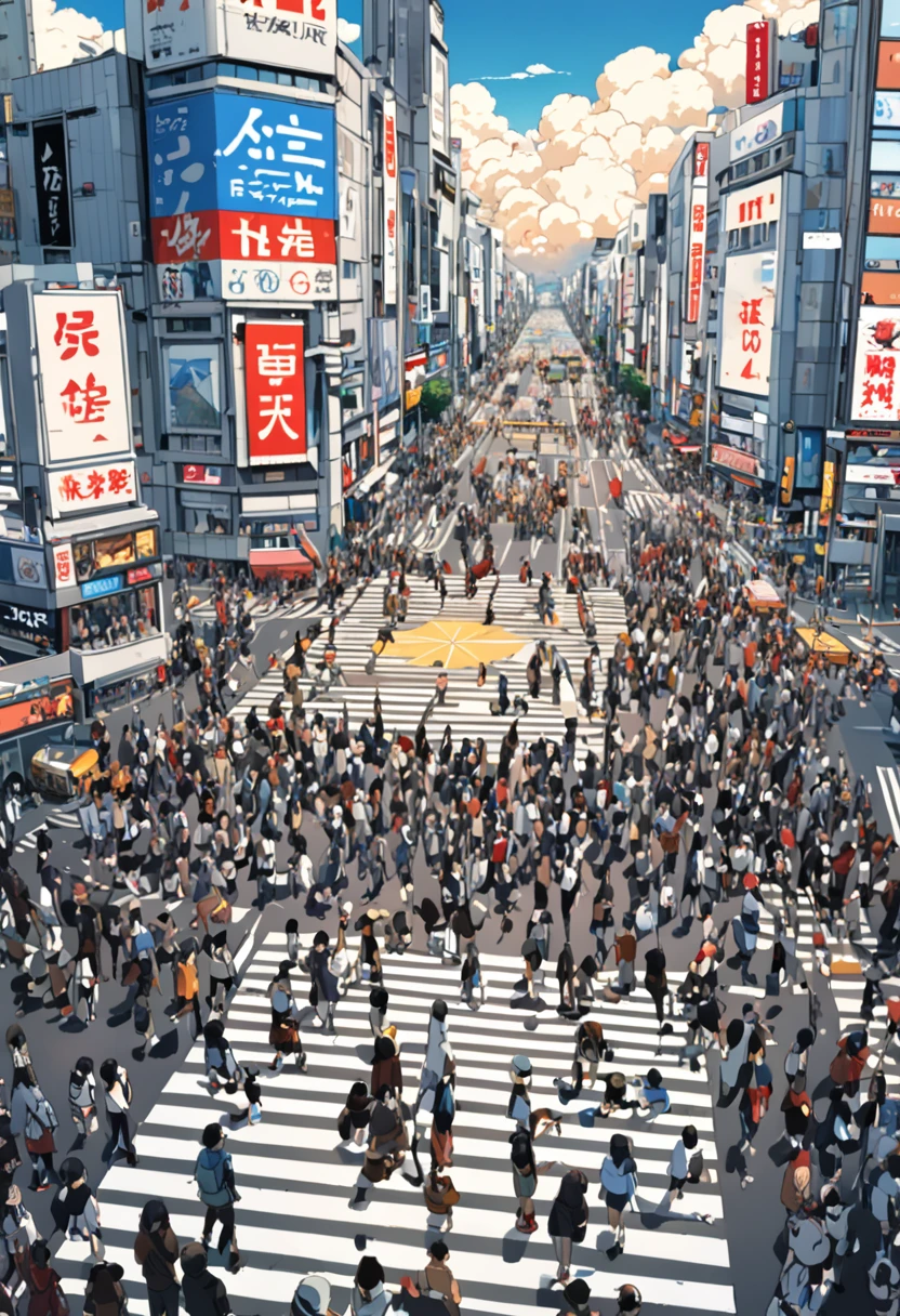 ((anime: 1.4, figure)), (masterpiece, Highest quality, Highest quality), (Super detailed, The absolute solution), ((16K, High resolution)) (Shibuya Scramble Crossing, anime Style, Cumulonimbus, blue sky, crowd), ( anime: 1.4, figure)), (masterpiece, Highest quality, Highest quality), (Super detailed, The absolute solution). and {Lofi Art, Laurie Griesley's style, Makoto Shinkai's Style, anime Aesthetic}, break {(Produces images with over 40 million pixels of information and cinematic detail。Hot with Sony's slur).}
