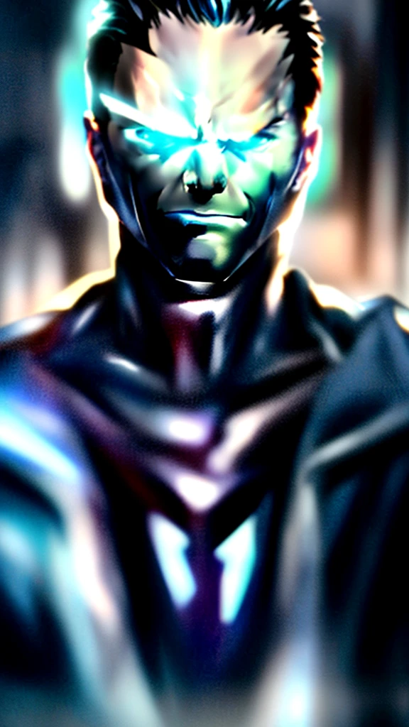 Jack Harkness male supervillain, black hair, blue eyes, smirk, white skin, sexy, (best quality,4k,8k,highres,masterpiece:1.2),ultra-detailed,(realistic,photorealistic,photo-realistic:1.37),superhero,evil,villainous,intense gaze,detailed facial features,dramatic lighting,dark and moody atmosphere,chiaroscuro,cinematic,portrait