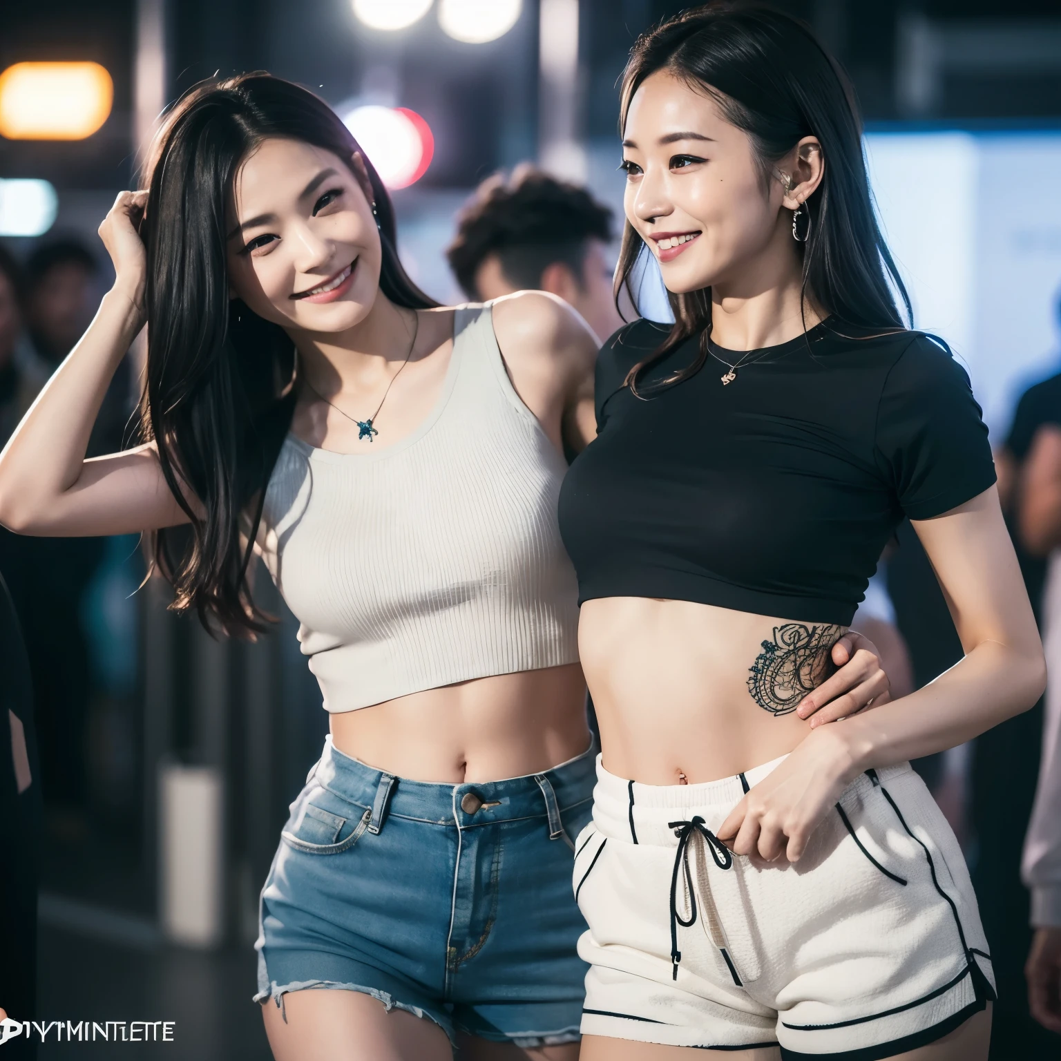 (night, Highest quality, 8K, masterpiece, RAW Photos: 1.3), ( nightのクラブ, Disco, dancing, dance, 激しくdancing:1.2), Expressionless, One beautiful woman , Tattooの入った1人の美しい女性, Tattooed body, Disheveled clothes, Tattoo, Crop top, Sexy girl in shorts, Tight waist, beautiful abdomen, Small breasts, Very detailed, Intricate details, Very detailedな顔と肌の質感, The body is slim, Narrow eyes, Realistic, Fascinating, Small breasts, Narrow eyes, Symmetrical eyes, (Naughty smile, dynamic, Dynamic Angle, dynamicなアングル:1.2)